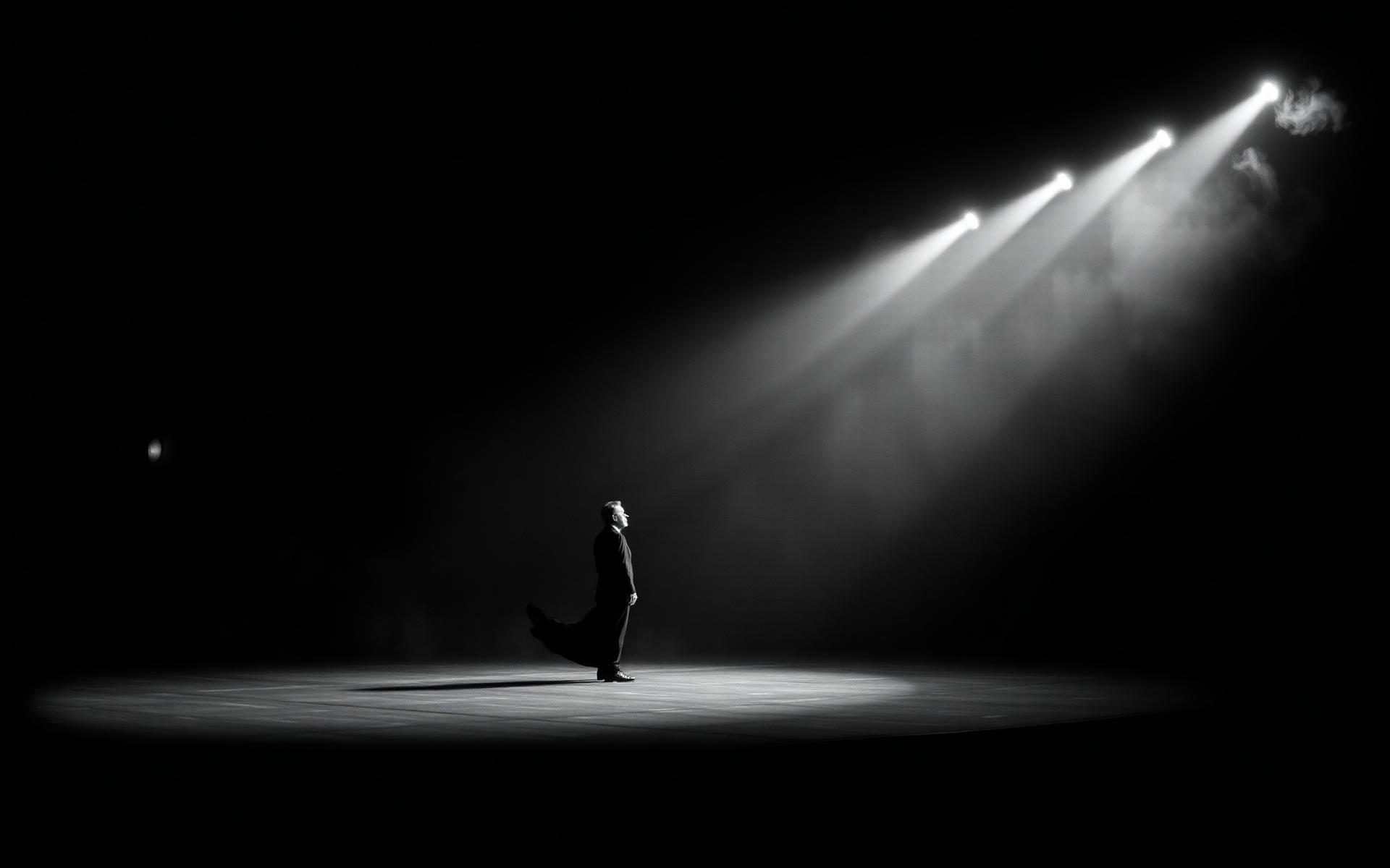 Solitary actor in a single spotlight on a dark theater stage